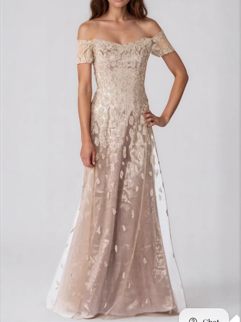 Rene Ruiz Off The Shoulder A-Line Embroidered Gown